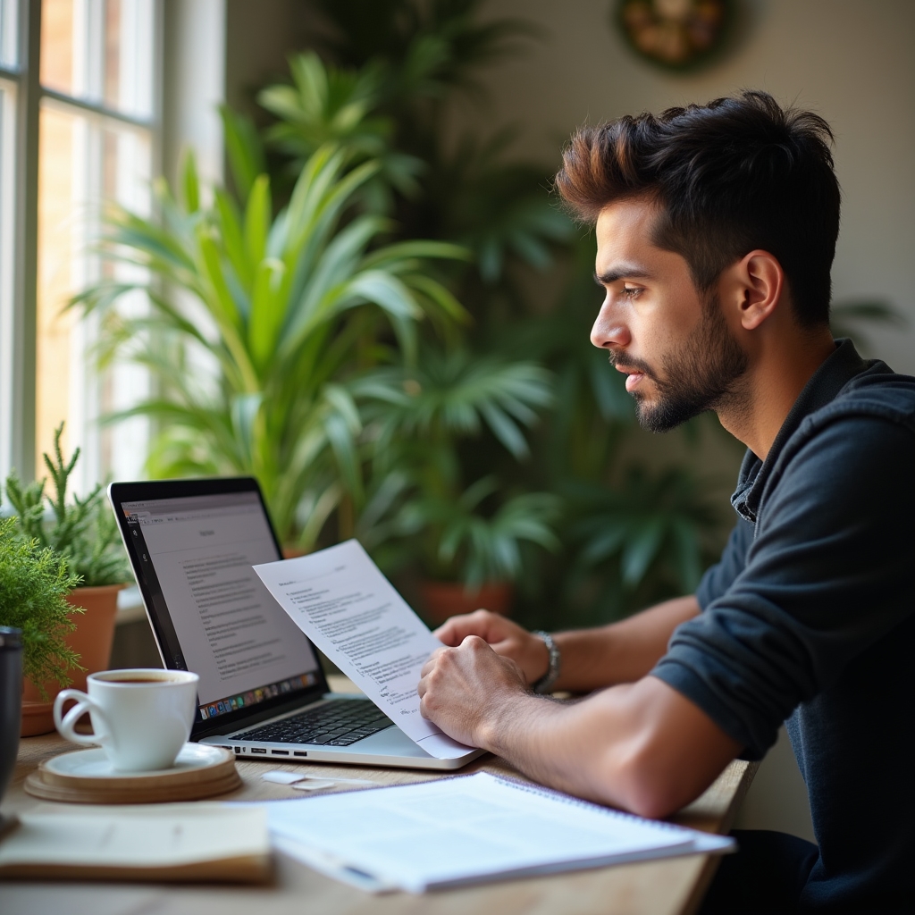 Autónomo joven trabajando en su escritura comercial en un espacio de trabajo luminoso con plantas