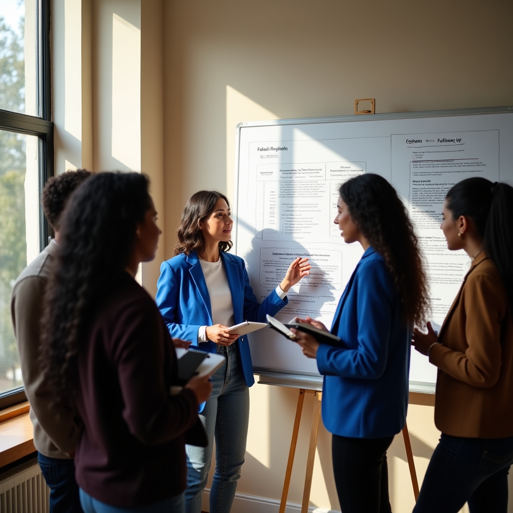 Equipo de ventas joven y diverso trabajando en comunicaciones comerciales en una oficina luminosa