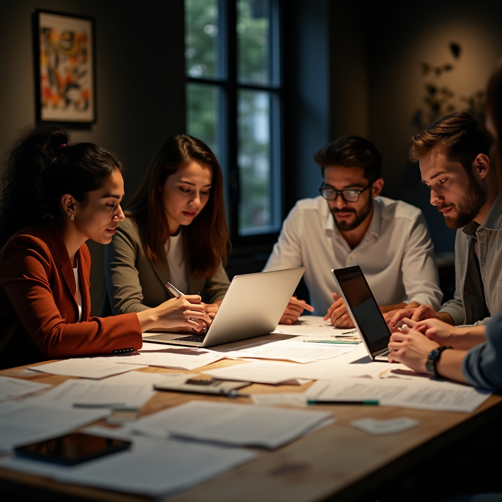 Equipo trabajando en textos comerciales en un entorno de agencia creativa