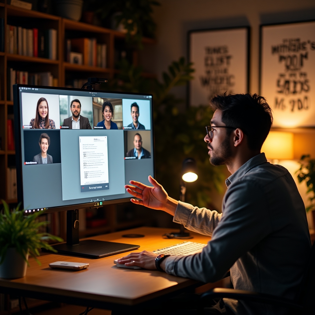 Instructor explicando técnicas de escritura comercial en sesión online con participantes atentos