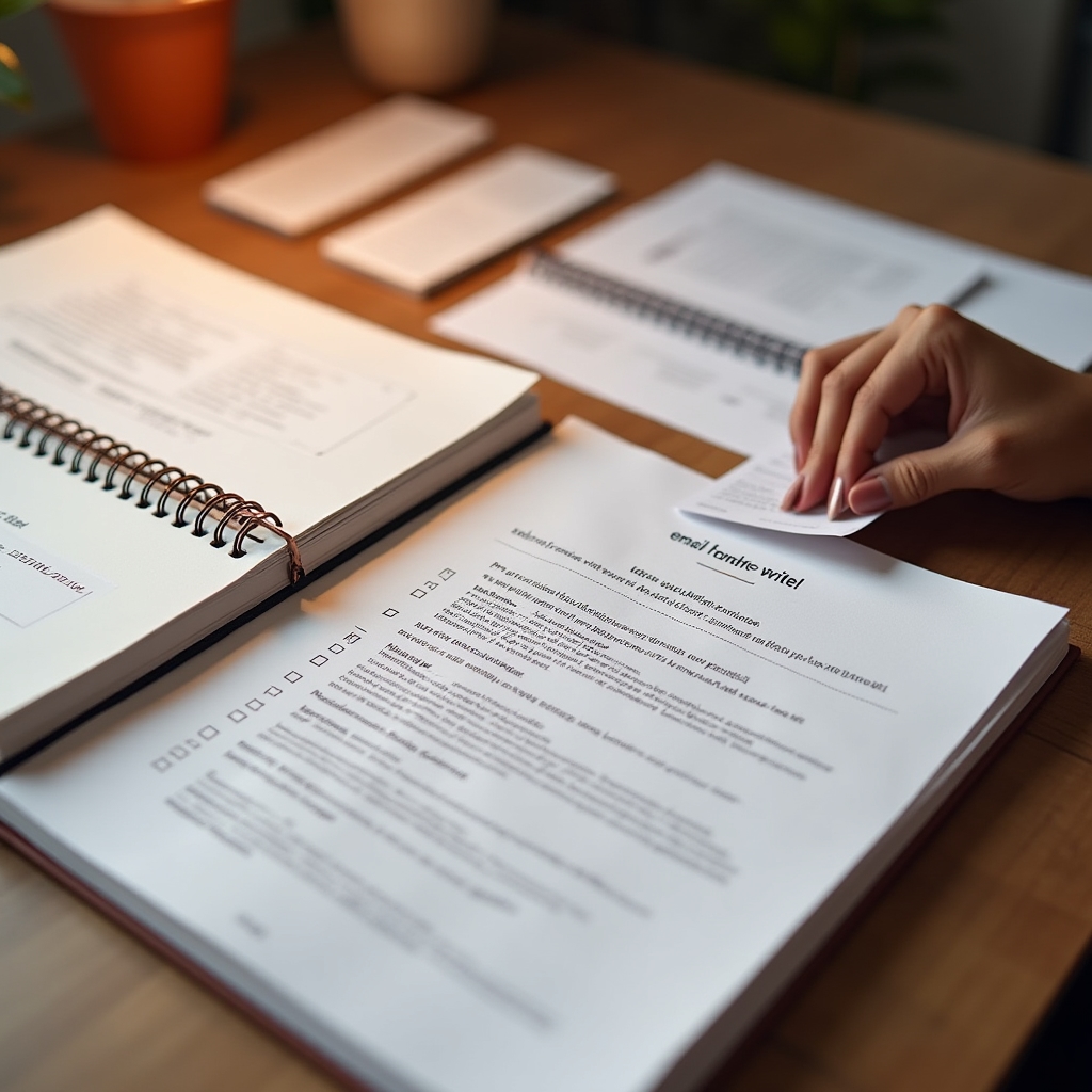 Material de formación sobre escritura comercial con cuadernos y fichas de referencia