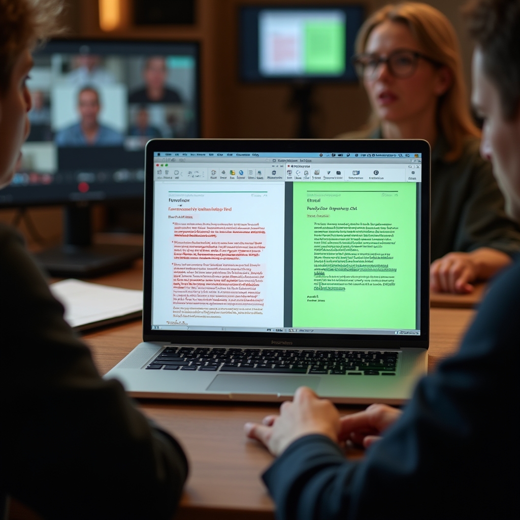 Vista de pantalla compartida durante una sesión de formación online de escritura comercial con anotaciones