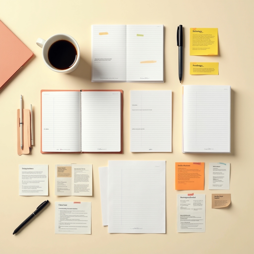 Documentos y plantillas de escritura comercial organizados sobre una mesa de trabajo creativa
